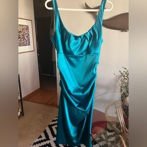 $140 Suzi Chin for Maggy Boutique teal cocktail dress with ruching. Sz 8 or 10